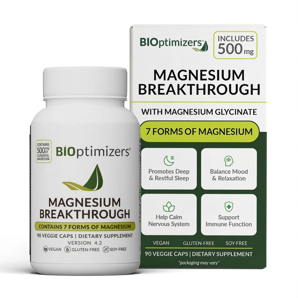 BIOptimizers Magnesium Breakthrough bottle with capsules shown for restful sleep and daily calm