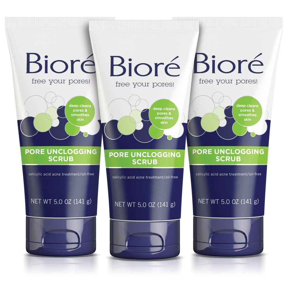 Biore Pore Unclogging Scrub bottle closeup highlighting oil-free formula for clearer pores