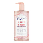 Biore Rose Quartz Charcoal Daily Purifying Cleanser bottle with pump for deep pore cleansing.