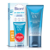 Biore UV Aqua Rich SPF 50 bottle with a lightweight sunscreen finish.