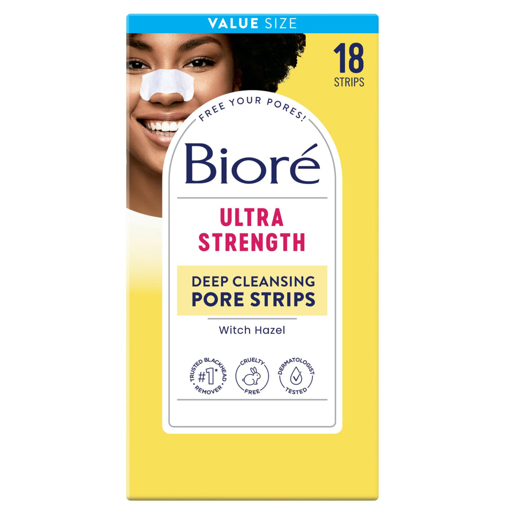 Biore Witch Hazel Ultra Strength Pore Strip demonstrates instant pore unclogging and clean skin.