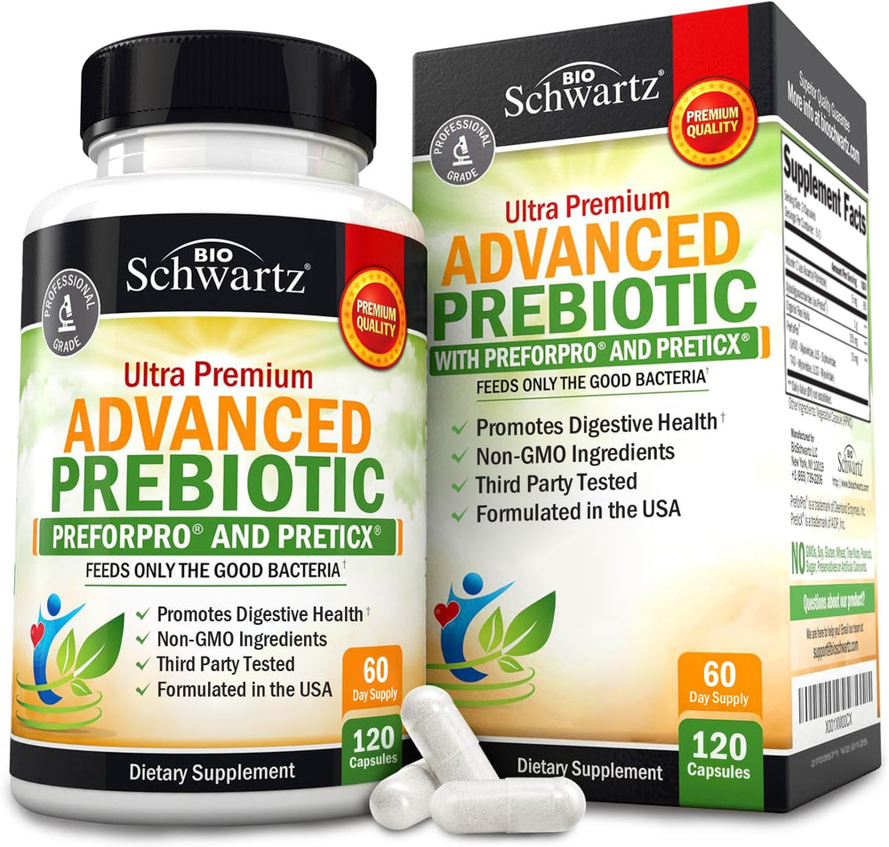 BioSchwartz Advanced Prebiotics bottle promotes digestive balance and daily wellness.