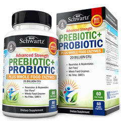 BioSchwartz advanced prebiotics and probiotics bottle highlights digestive balance potential.
