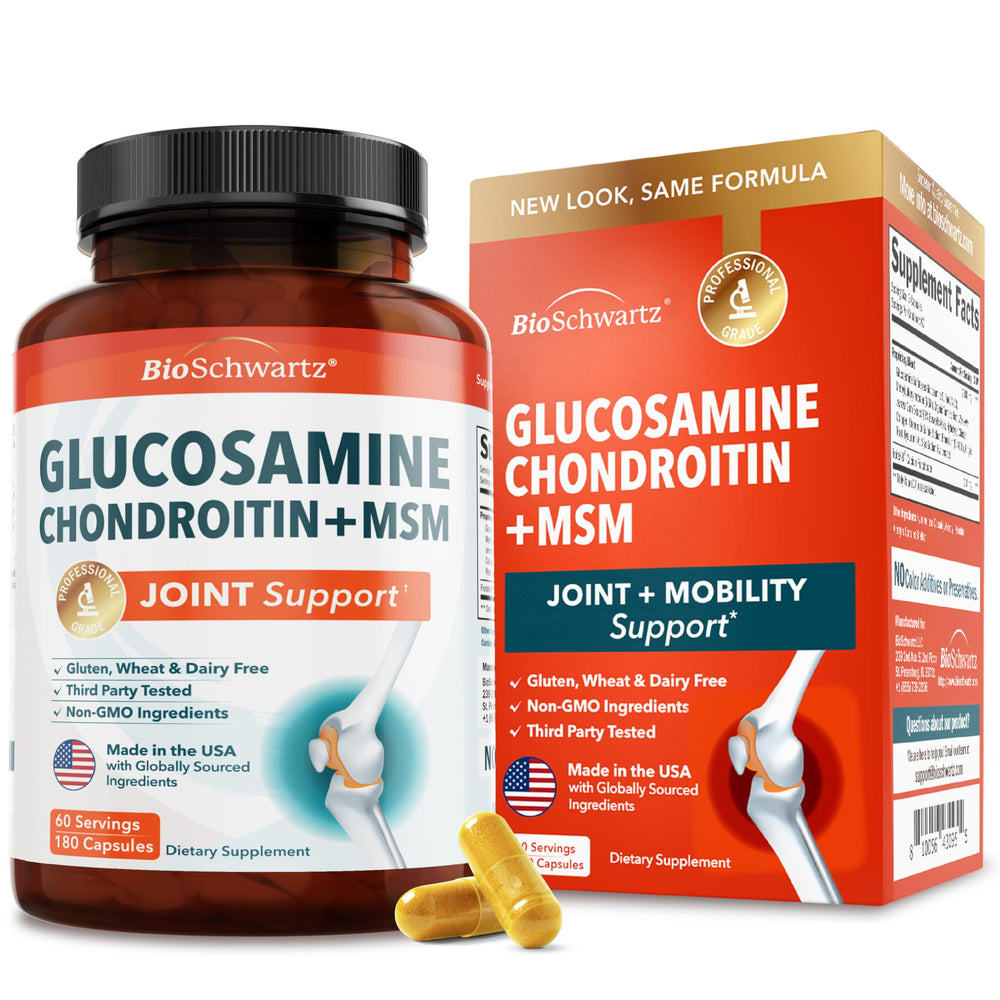 BioSchwartz glucosamine chondroitin msm bottle supports joint comfort and mobility.