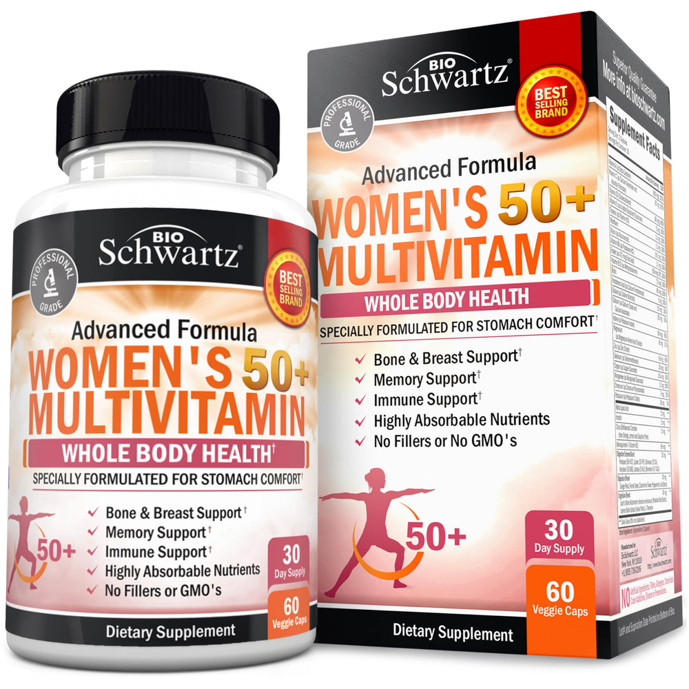 BioSchwartz daily multivitamin 50+ bottle promotes overall wellness for women