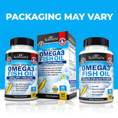BioSchwartz omega-3 softgels closeup highlights burpless lemon flavor.