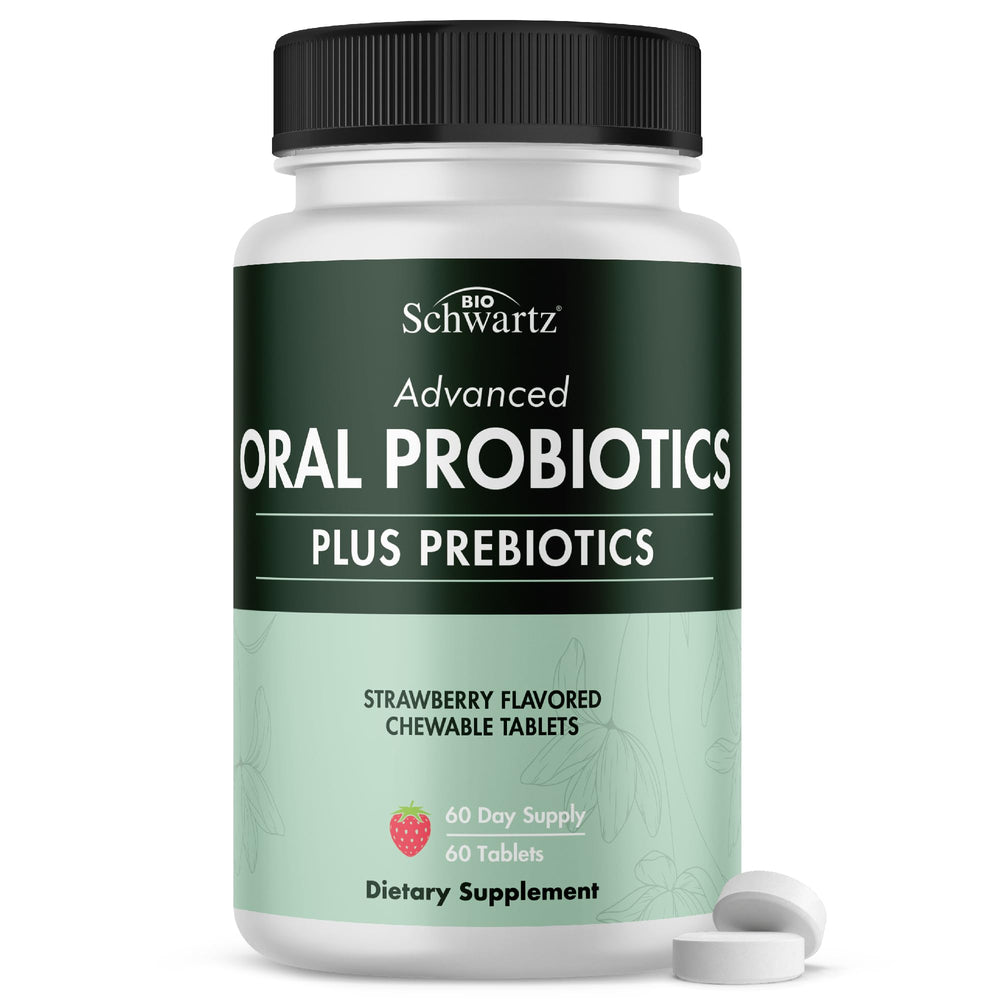 BioSchwartz Oral Probiotics strawberry chewable bottle promotes easy daily use for fresh breath.