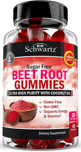 BioSchwartz sugar-free beet root gummies strawberry bottle for daily energy support.