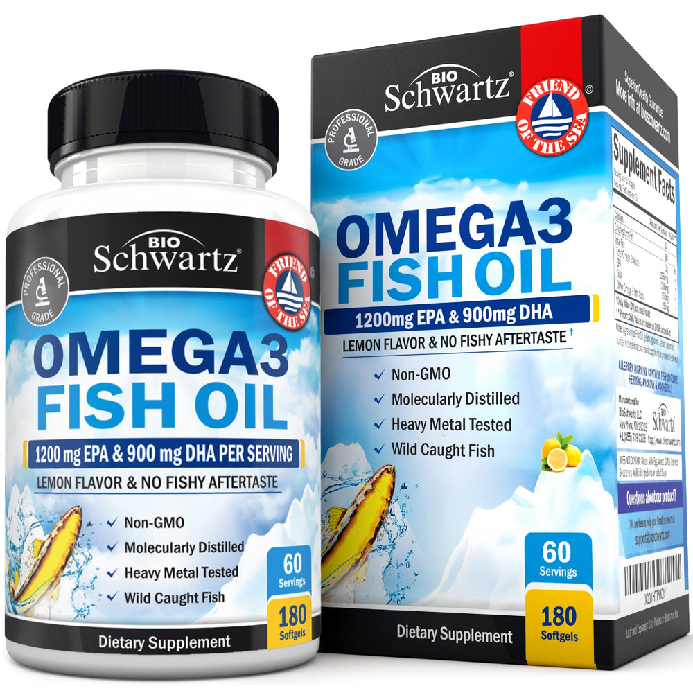 BioSchwartz triple-strength omega-3 lemon bottle for daily wellness.