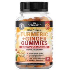 BioSchwartz peach gummies bottle showing joint comfort potential