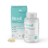 Biosil Collagen Booster bottle close-up showing premium formula for skin and joints