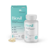 Biosil Collagen Booster bottle pour showing an easy daily routine for skin and hair support