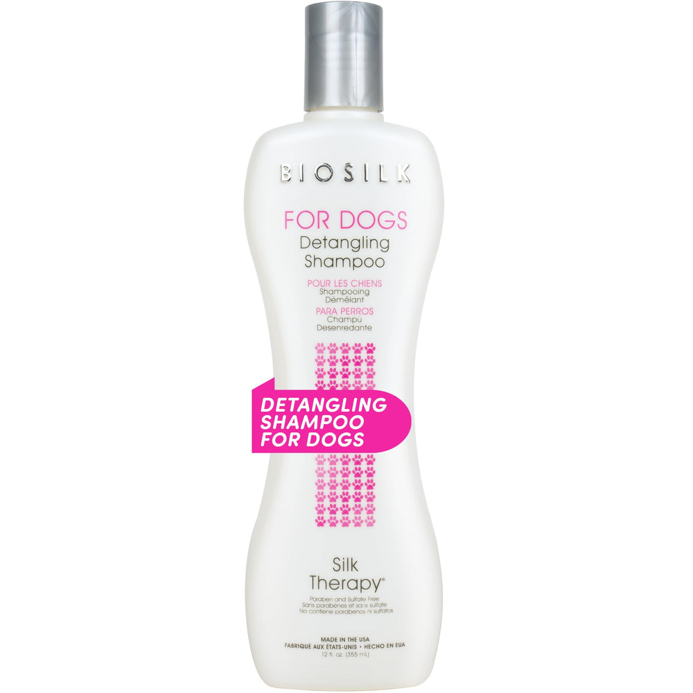 BioSilk for Dogs detangling shampoo bottle promotes silky, easier-to-manage coats.
