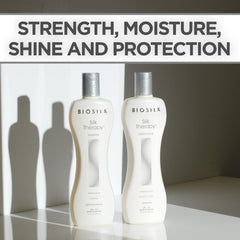 BioSilk Silk Therapy Conditioner bottle showcases moisture replenishment with silk proteins for smooth hair.
