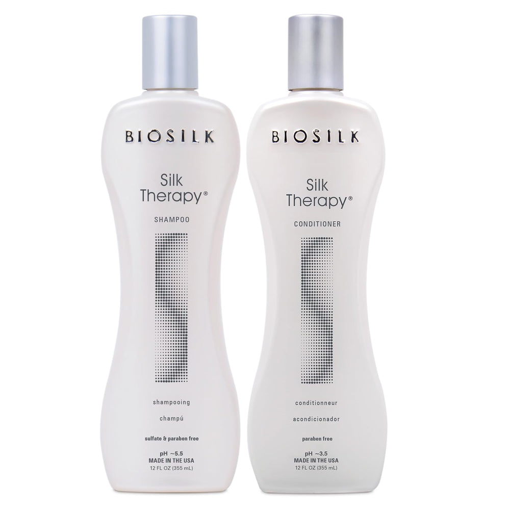 BioSilk Silk Therapy Shampoo bottle radiates shine with silk-infused cleansing for all hair types.