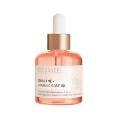 BIOSSANCE Squalane + Vitamin C Rose oil bottle delivers an instant radiance boost.