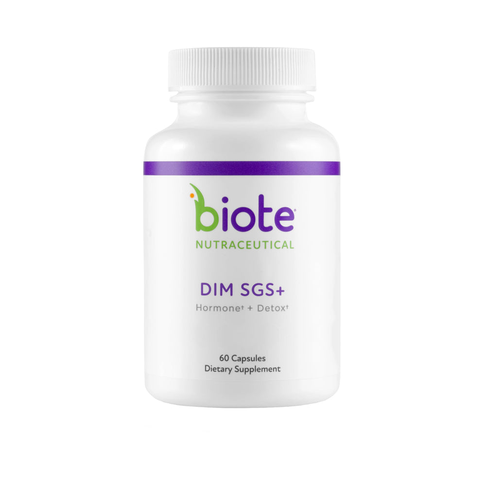 Biote DIM SGS+ bottle close-up highlighting the bioavailable complex for estrogen support.