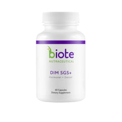 Biote DIM SGS+ bottle close-up highlighting the bioavailable complex for estrogen support.