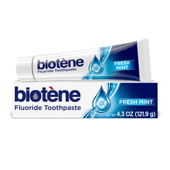Biotène fluoride toothpaste tube prepared for daily use, emphasizing fluoride protection and fresh breath.