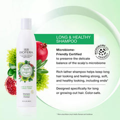 Biotera Long & Healthy Shampoo highlights a pre/postbiotic blend for scalp balance.