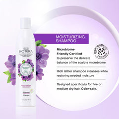 Biotera Moisturizing Shampoo rich-lather demonstrates thorough cleansing with added moisture for dry hair.