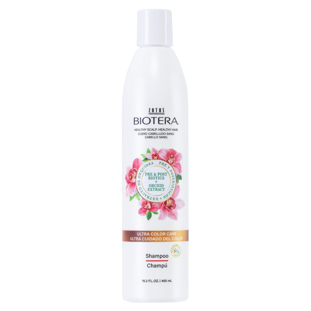 Biotera Ultra Color Care Shampoo bottle demonstrates color protection for vibrant results.