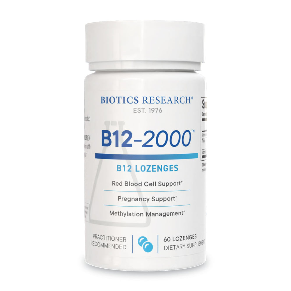 Biotics Research B12-2000 lozenge bottle for easy daily supplementation