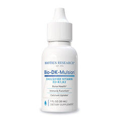 Biotics Research Bio-DK-Mulsion bottle shows emulsified vitamins for enhanced absorption