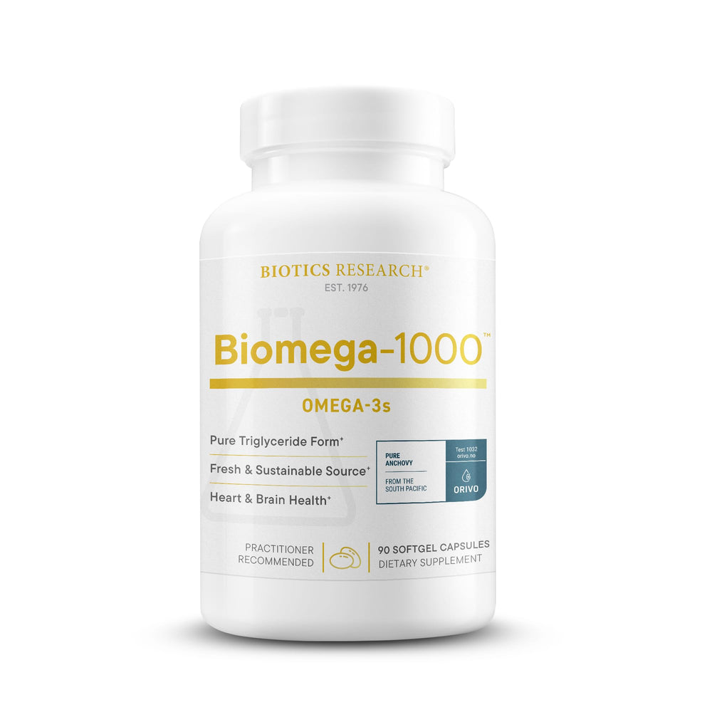 Biotics Research Biomega-1000 bottle showing convenient omega-3 supplementation