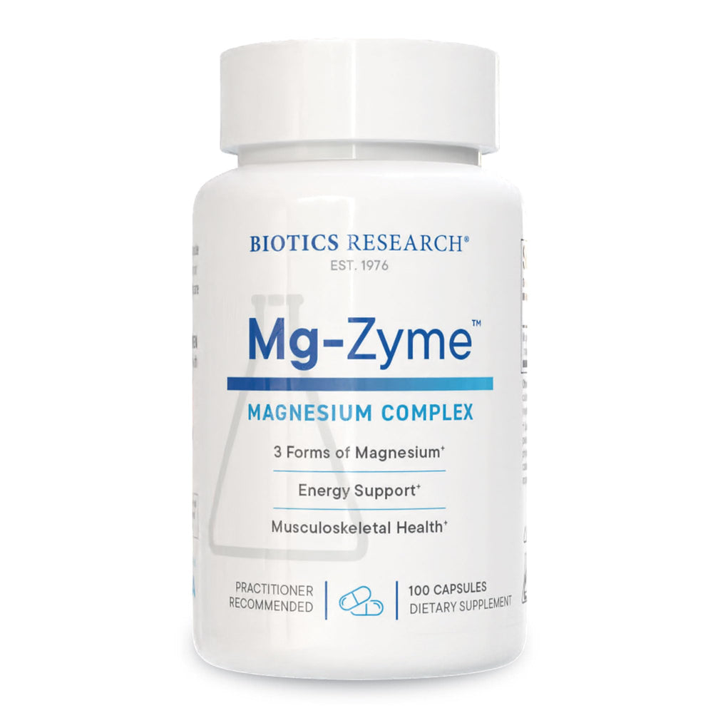 Biotics Research Mg-Zyme bottle close-up showing high absorption magnesium benefits for energy and sleep support