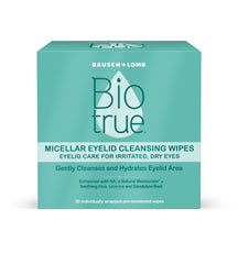 Biotrue eyelid cleansing wipes pack—fragrance-free daily cleansing and hydration for irritated lids.