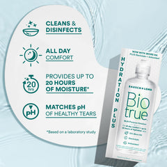 Biotrue Hydration Plus bottle cap closeup signals secure closure and hygiene.
