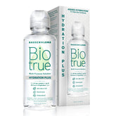 Biotrue Hydration Plus bottle front shows a moisture-rich lens care solution for soft lenses.