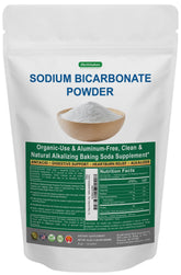 BioWisdom Sodium Bicarbonate Powder bottle shows pure, aluminum-free baking soda for cooking and balance.