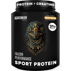 BIRDMAN Falcon Performance vanilla bottle showcasing plant-based protein and sugar-free formula.