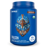 BIRDMAN Falcon chocolate protein powder bag highlighting organic ingredients and clean nutrition.
