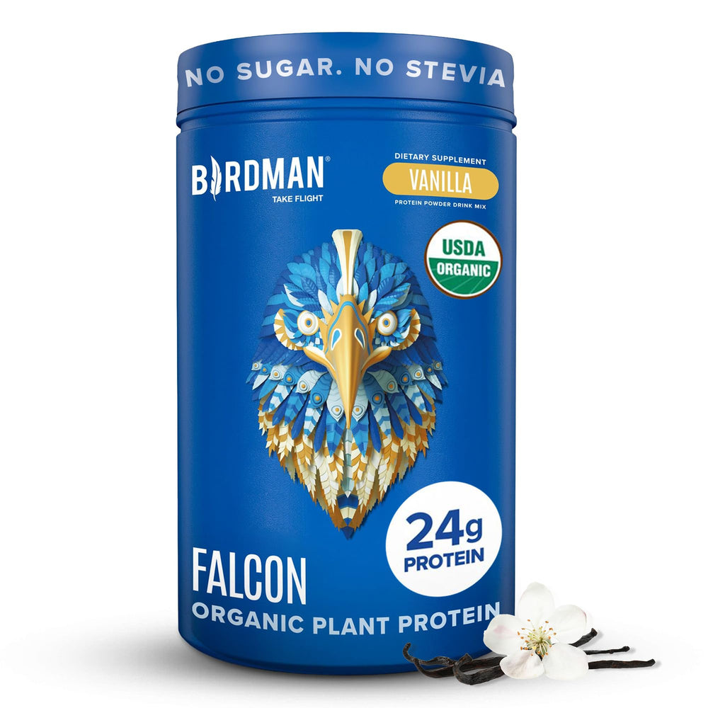 Birdman Falcon vanilla protein tub front with clean label for keto-friendly nutrition.
