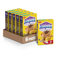 Bisquick gluten free pancake mix box front highlights quick gluten free breakfasts