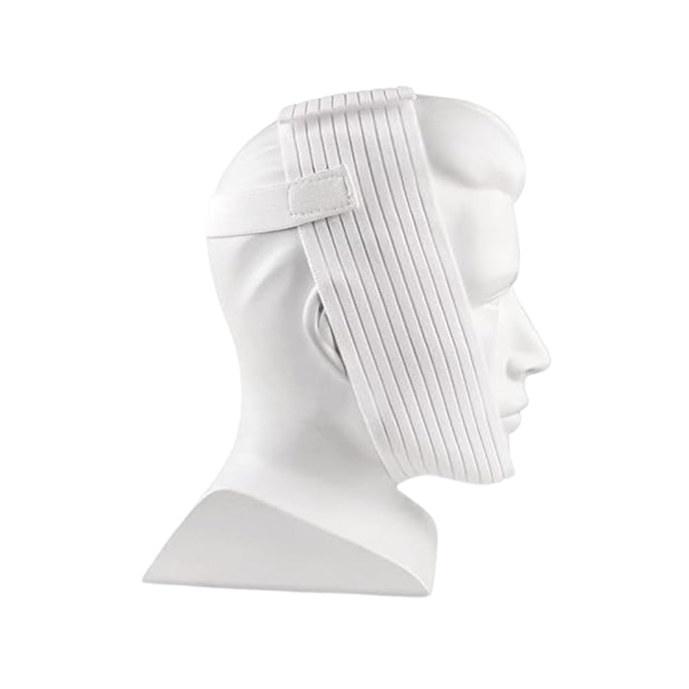 Bistras Super Deluxe White Chin Strap worn with CPAP to help keep the mouth closed during sleep.