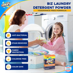 Pouring Biz Laundry Detergent Powder into a washer for easy dosing