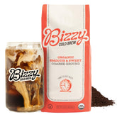 Bizzy Organic Cold Brew bag with coarse grind for smooth extraction