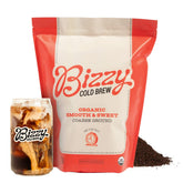 Bizzy Organic Cold Brew coarse-ground bag shows easy-to-brew grounds for smooth cold coffee.