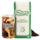 Bizzy Organic Cold Brew bag with coarse-ground beans for easy cold brew.