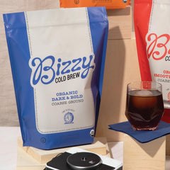 Bizzy Organic Dark Roast coffee beans with rich aromas