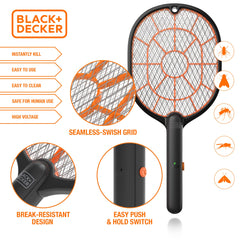 BLACK+DECKER bug zapper racket side view highlights ergonomic grip for comfortable use.