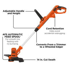 BLACK+DECKER 2-in-1 trimmer edger with wheeled guide along a sidewalk.