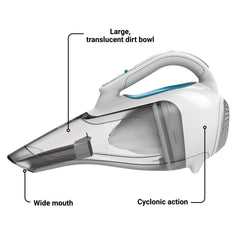 BLACK+DECKER Dustbuster translucent dirt bowl shows when to empty.