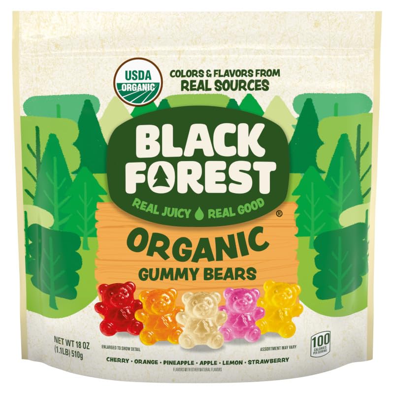 Black Forest Organic Gummy Bears jar close-up showing juicy, colorful fruit flavors for a tasty snack