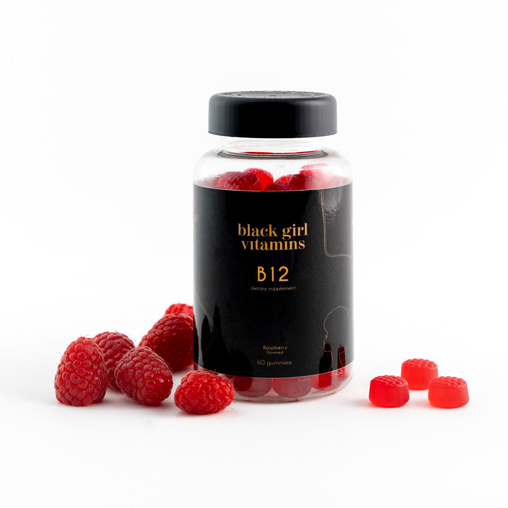Black Girl Vitamins B12 Gummies bottle with raspberry flavor for energy.