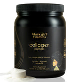 Black Girl Vitamins collagen powder tub on kitchen counter for daily skin and hair support.